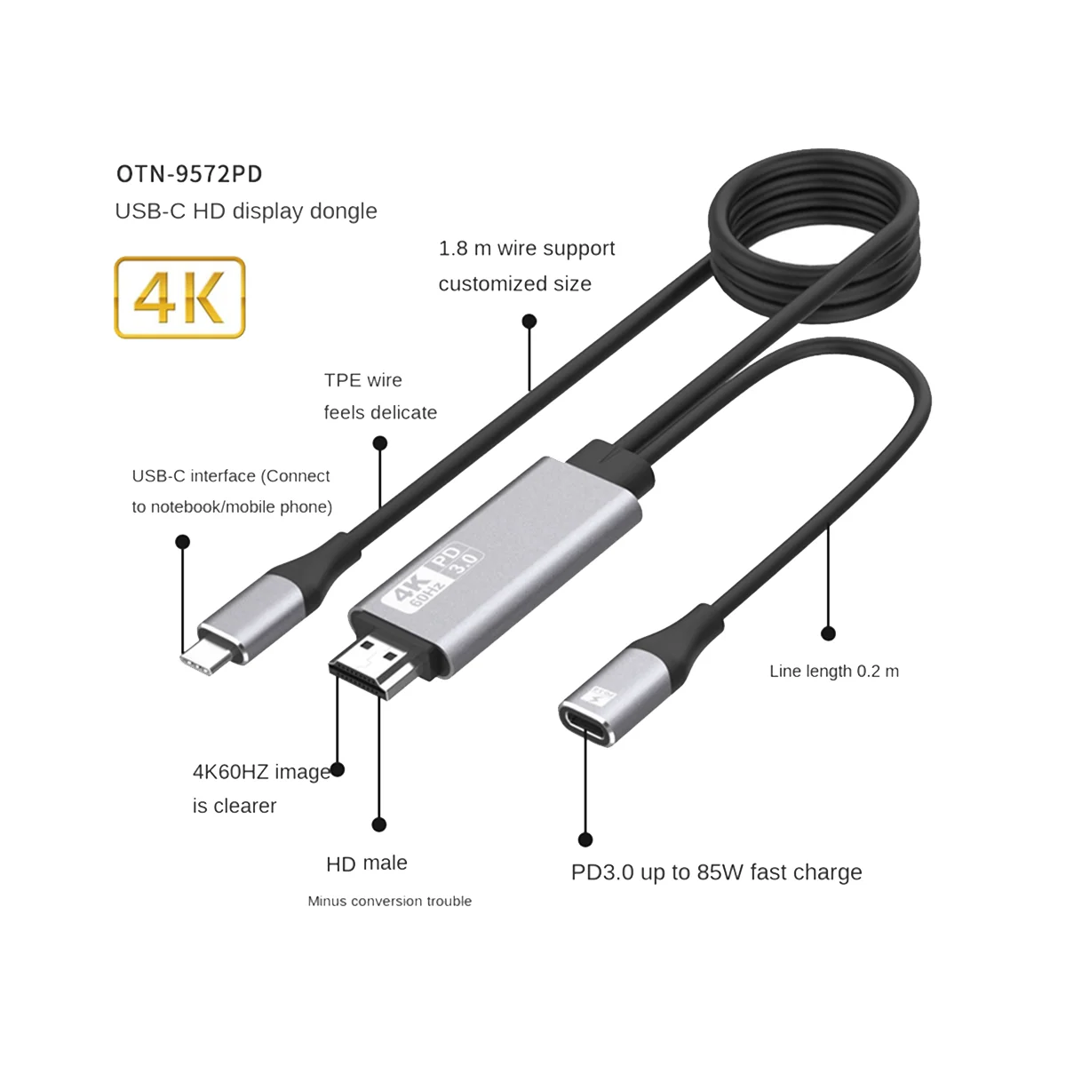 4K@60Hz Type C to -Compatible Cable Screen Mirroring Device for Laptop Converter Adapter Screen Sharing Accessories