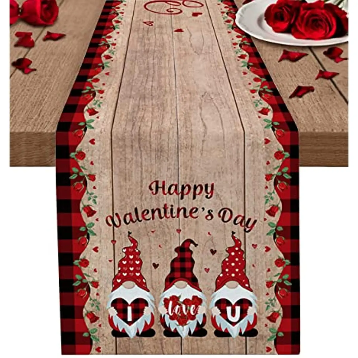 

Happy Valentines Day Linen Table Runner Wedding Decor Gnome Buffalo Plaid Dining Table Runner Holiday Party Decoration