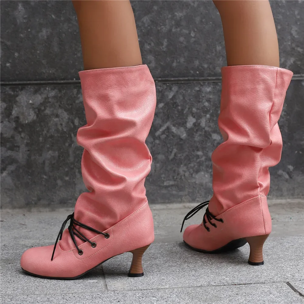 

Women's Autumn Winter Pleated Knee-High Boots Pointed Toe Stilettos Lace-Up High-Top Sexy Shoes for 34-50 Size Range