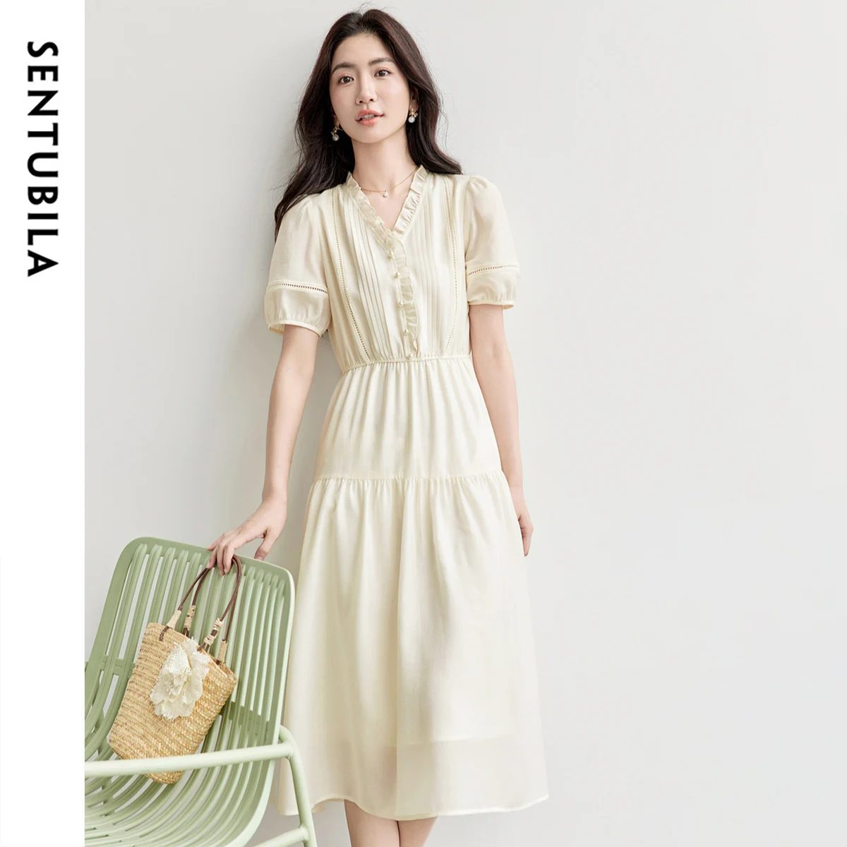 

SENTUBILA Women's Summer Dresses 2025 Ladies Fashion Lantern Short Sleeve Elegant Layered Midi Dress Female Clothes 152LS0092