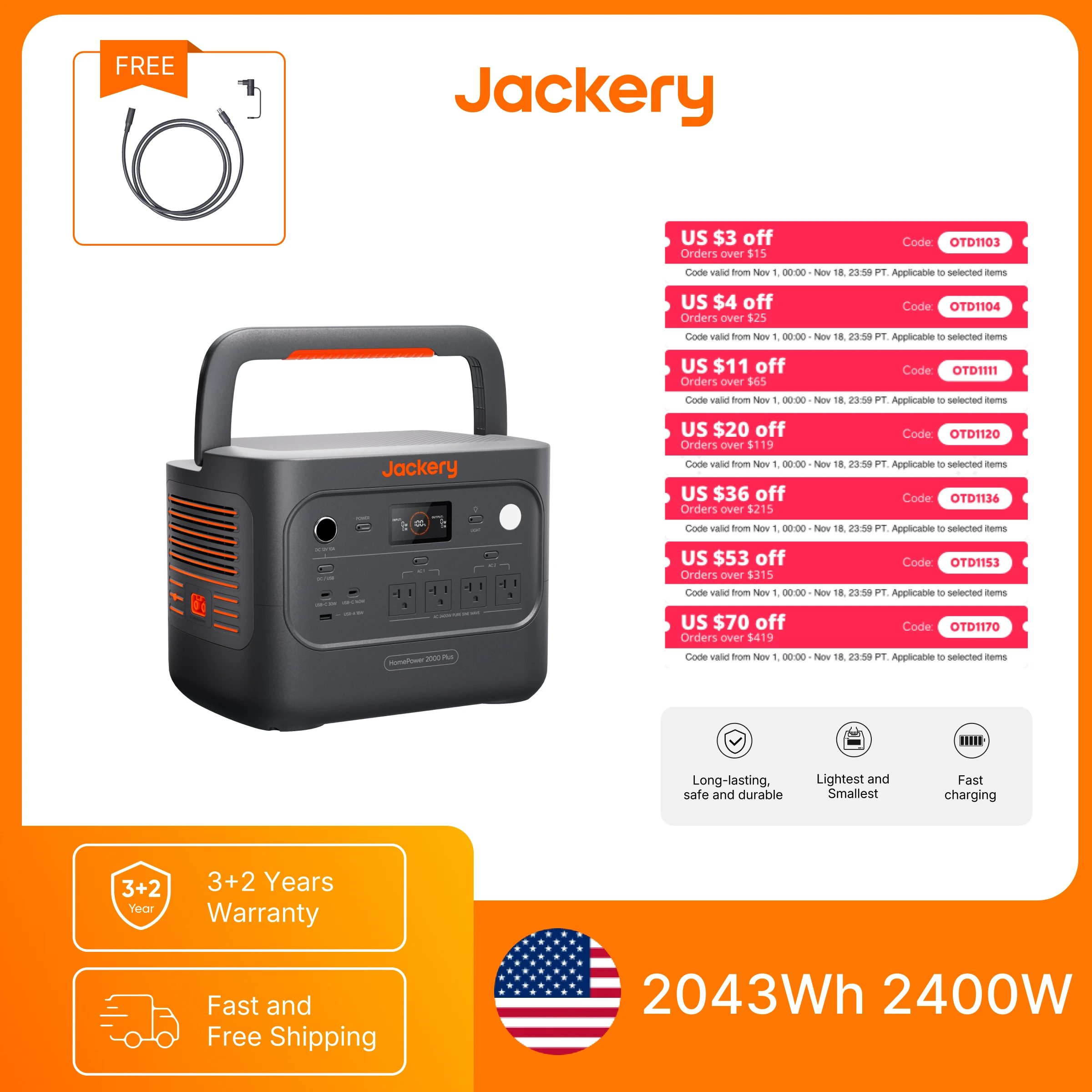 Jackery HP2000AC Plus v2 Power Station with 5m Extension Cable, 2043Wh LiFePO4 Battery, 2400W AC Output, Portable Power Generator for Emergency Home Backup, RV & Camping