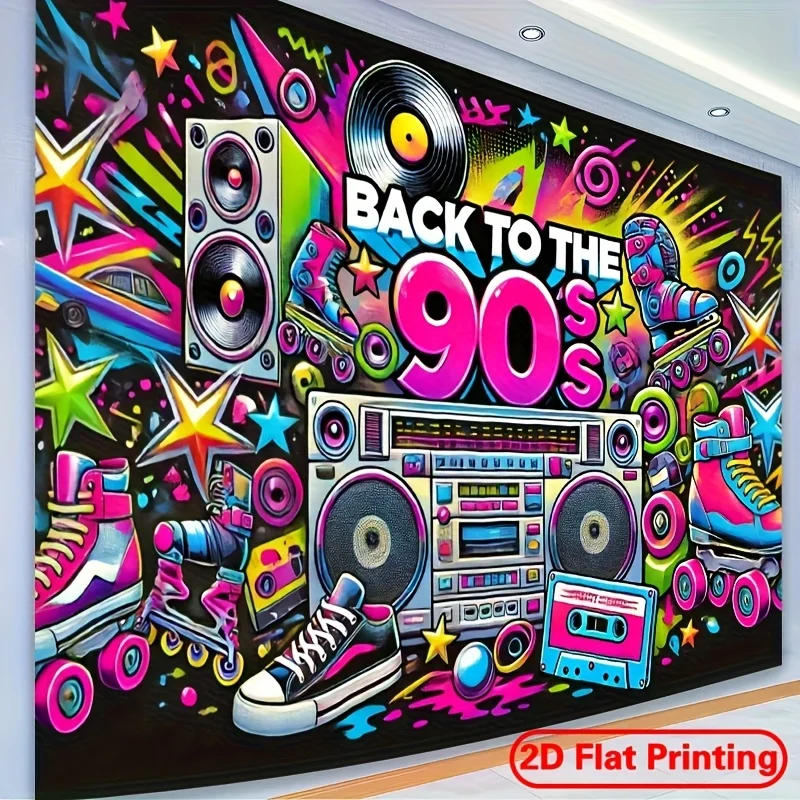 Retro 90s Graffiti Boombox Roller Skates Neon Colors 2D Flat Tapestry Backdrop For Game Room Decor Nostalgic Wall Hanging Art