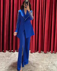 Carolina Evening Gowns Two Pieces Pant Suits Royal Blue Prom Dresses Beading Satin Front Slit Backless Simple Party Dresses