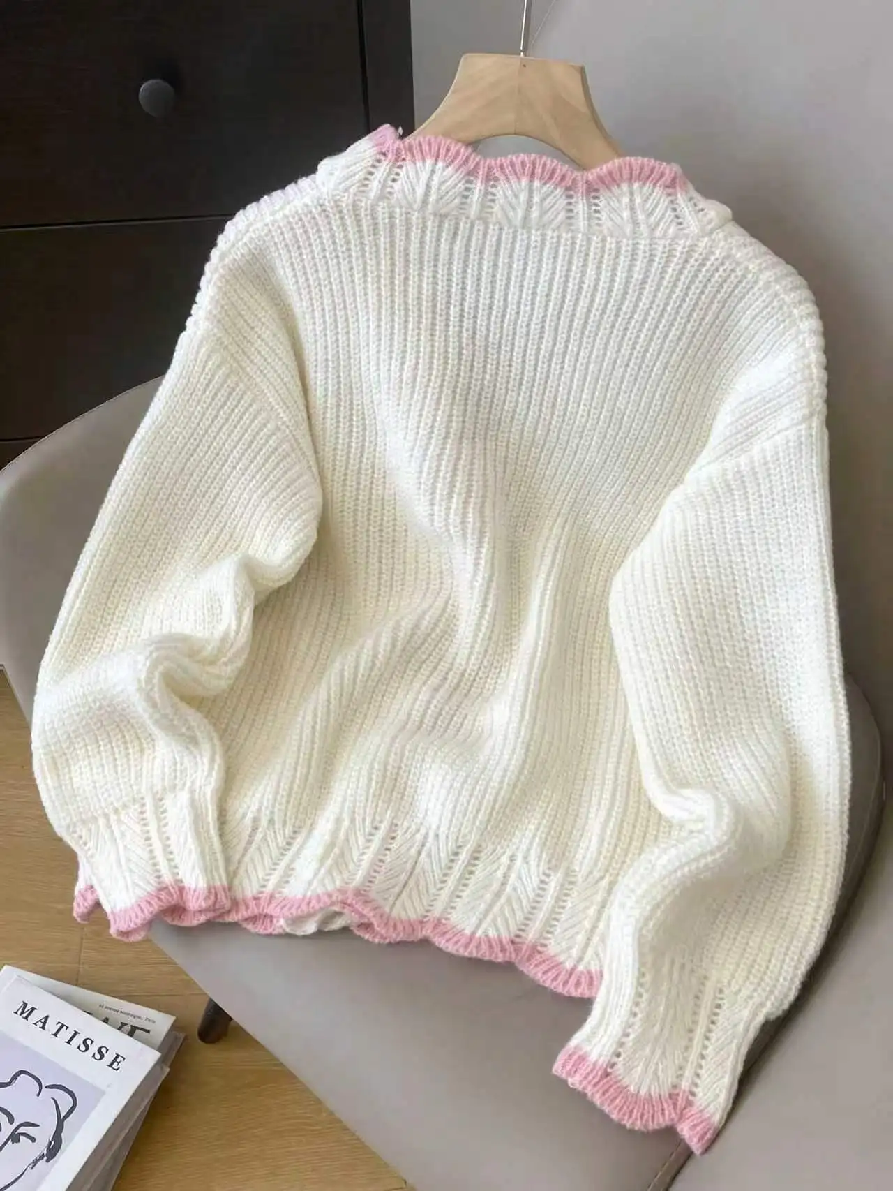 Women V‑Neck Knit Cardigan Wavy Pink Trim Heart‑Shape Buttons Hollow Out Knitted Long‑Sleeve Casual Sweater Outerwear
