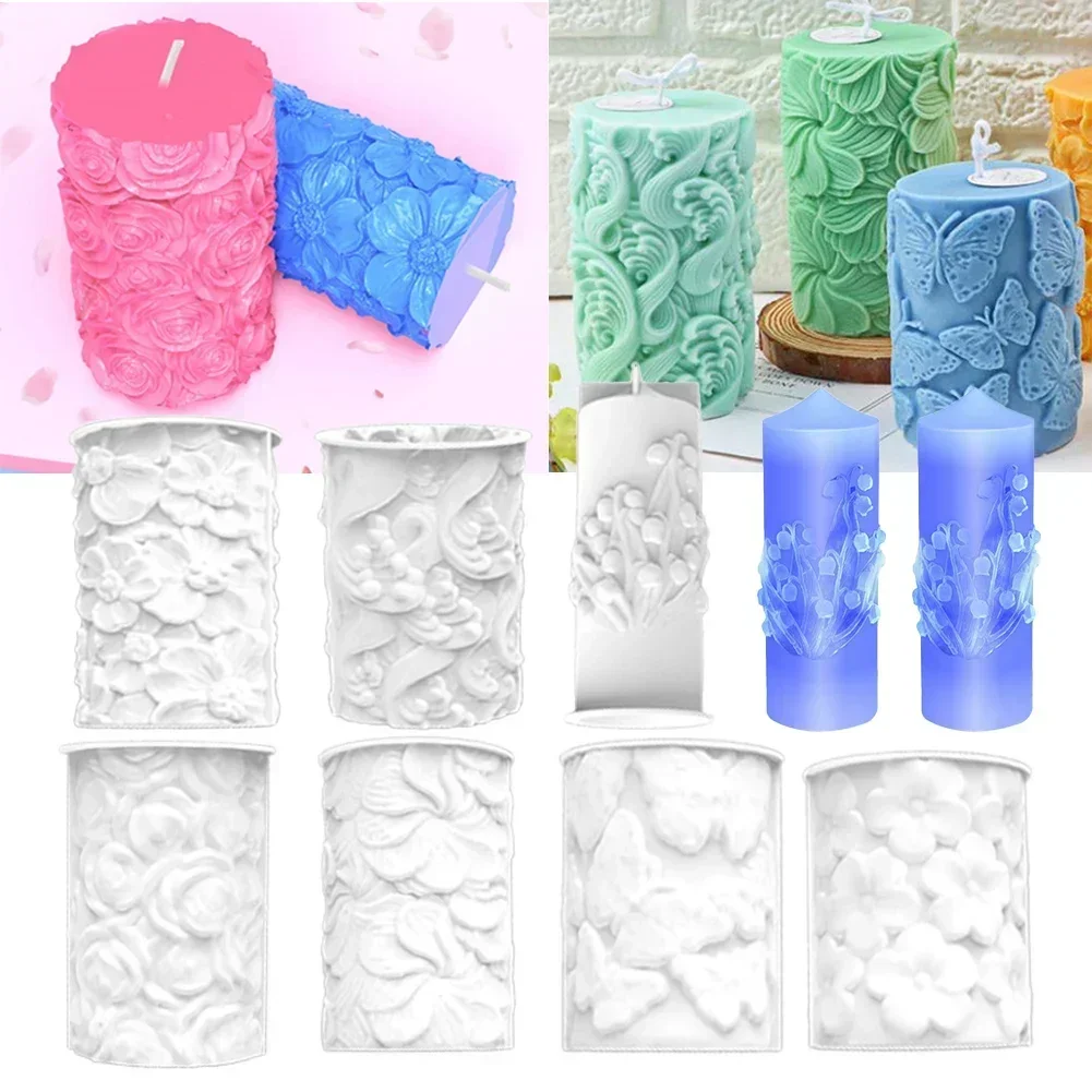 Wave Pattern Butterfly Rose Silicone Candle Mold DIY Geometric Cylinder Flowers Candle Making Kit Soap Resin Mold Gifts Craft