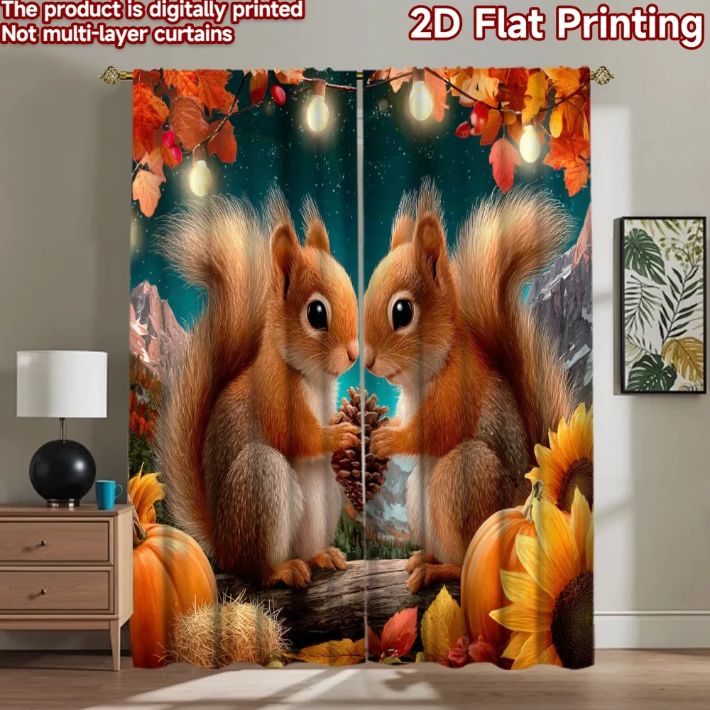 

2D flat printing 2pcs Party Curtains Cute Squirrels Autumn Scene Digital Printed Polyester Drapes Party Decorations for Home