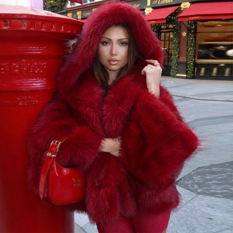 Trendix Red Faux Fur Hooded Coat Femme Fashion Oversized Sleeve Solid Cardigan Top 2025 Winter New High Luxury Elegant Outerwear