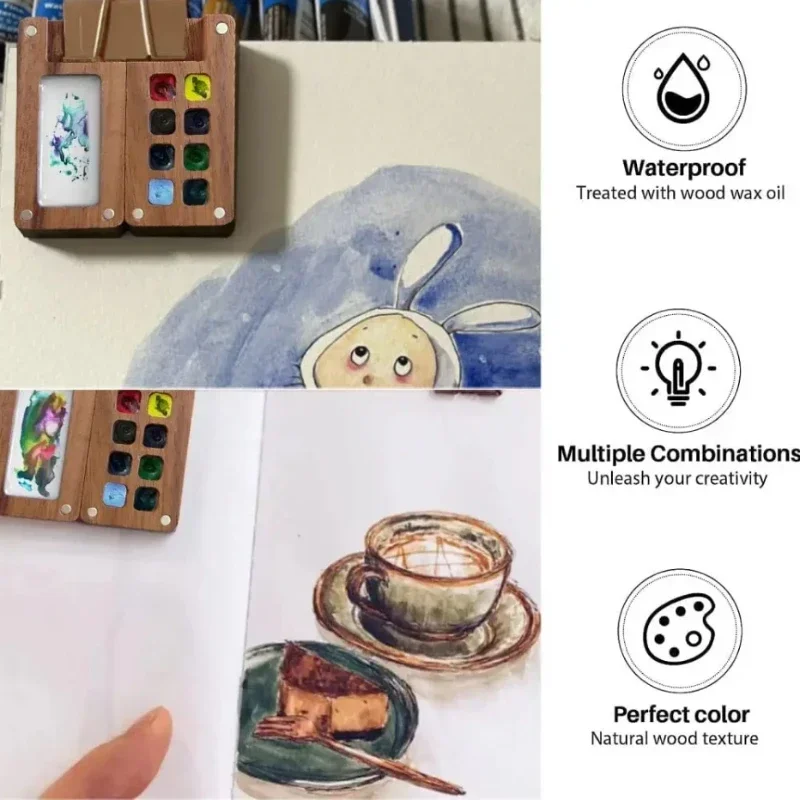 Portable travel wooden handmade 8-cell watercolor color palette oil painting tray box empty box mini paint box without pigment