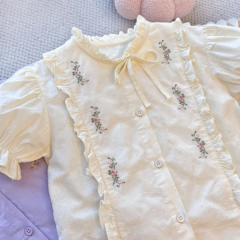 New Girls' Summer Small Flower Short Sleeved Shirt with Fashionable and Casual Style Kids Solid Color Clothes
