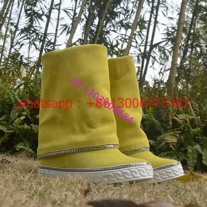 Real Photos Lemon Yellow Woman Inner Wedge Boots Comfortable Woman Winter Chain Side Lemon Yellow Inner Wedge Heel Boots
