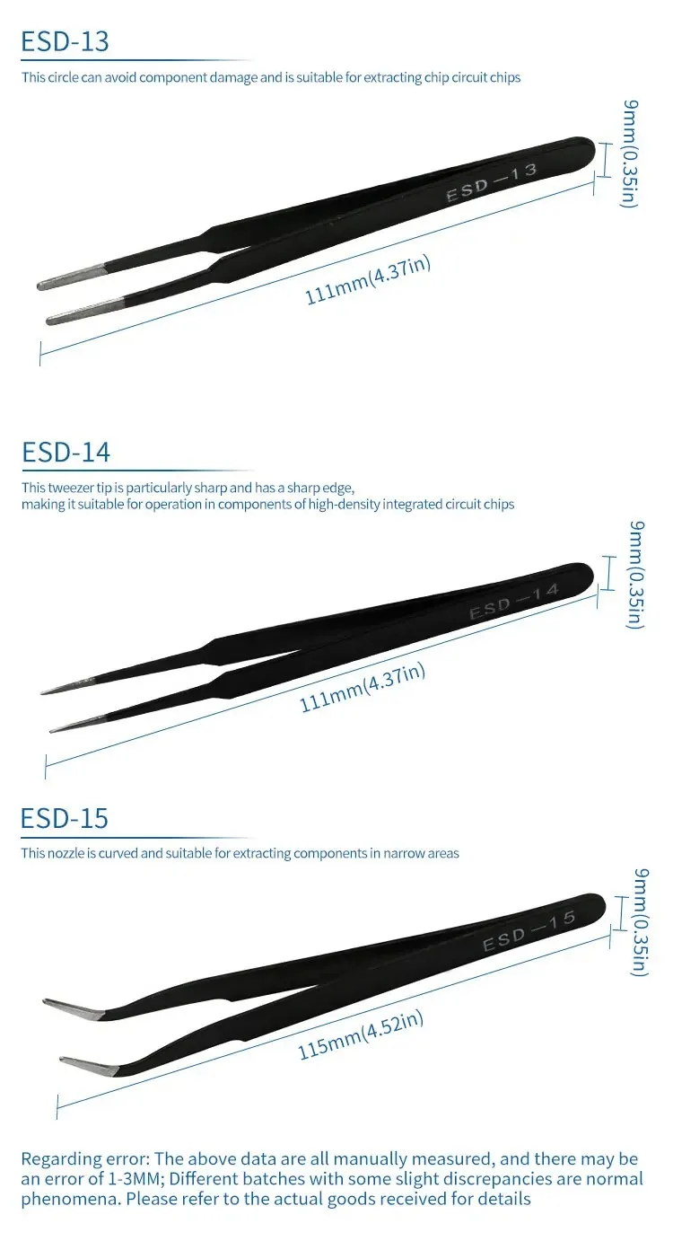 6-teiliges Präzisionspinzetten-Set, ESD antistatische, nicht-magnetische Pinzetten für Elektronik, Handwerk, Laborarbeit, Schmuckherstellung, Handwerkzeug – Detail 7