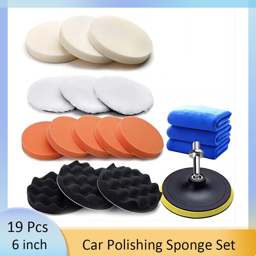 18Pcs 6inch Car Polishing Sponge Set Polisher Pad Polisher Buffer Kit with Hook & Loop M14 Thread Drill Adapter for Car Cleaning