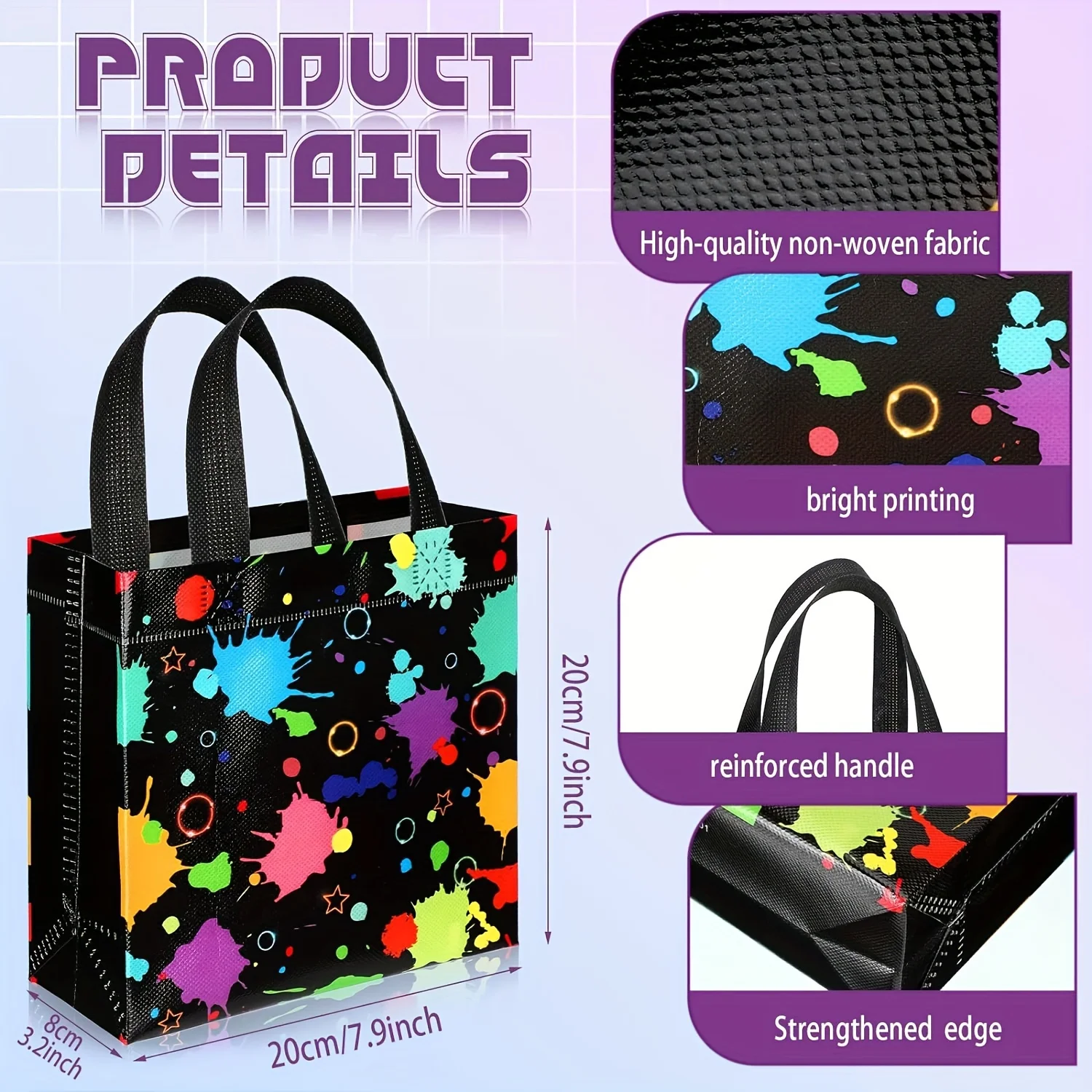 10pcs Tote bag with handle, made of durable non-woven fabric, featuring bright neon prints and reinforced edges