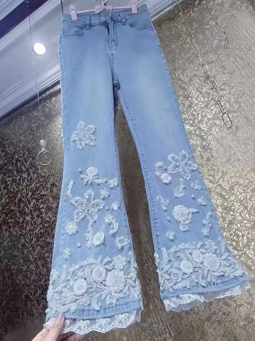 تصميم فاخر مطرز مشاعل الدنيم بانت طويل للنساء السراويل pantalones de mujer ملابس امرأة السيدات السراويل