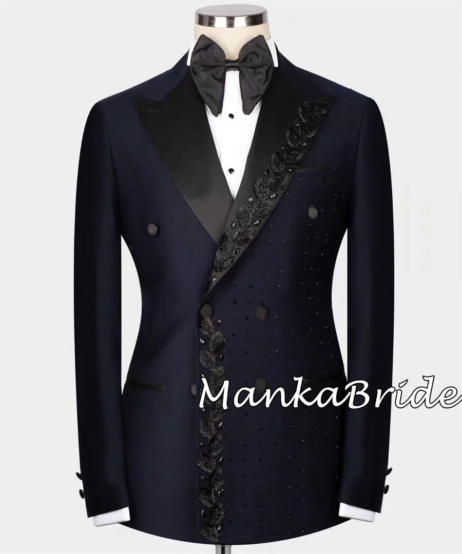 Luxury Black Collar Navy Blue Groom Tuxedo with Crystal Double Breasted Blazer Pants Formal Business Office Party Men\'s Suits