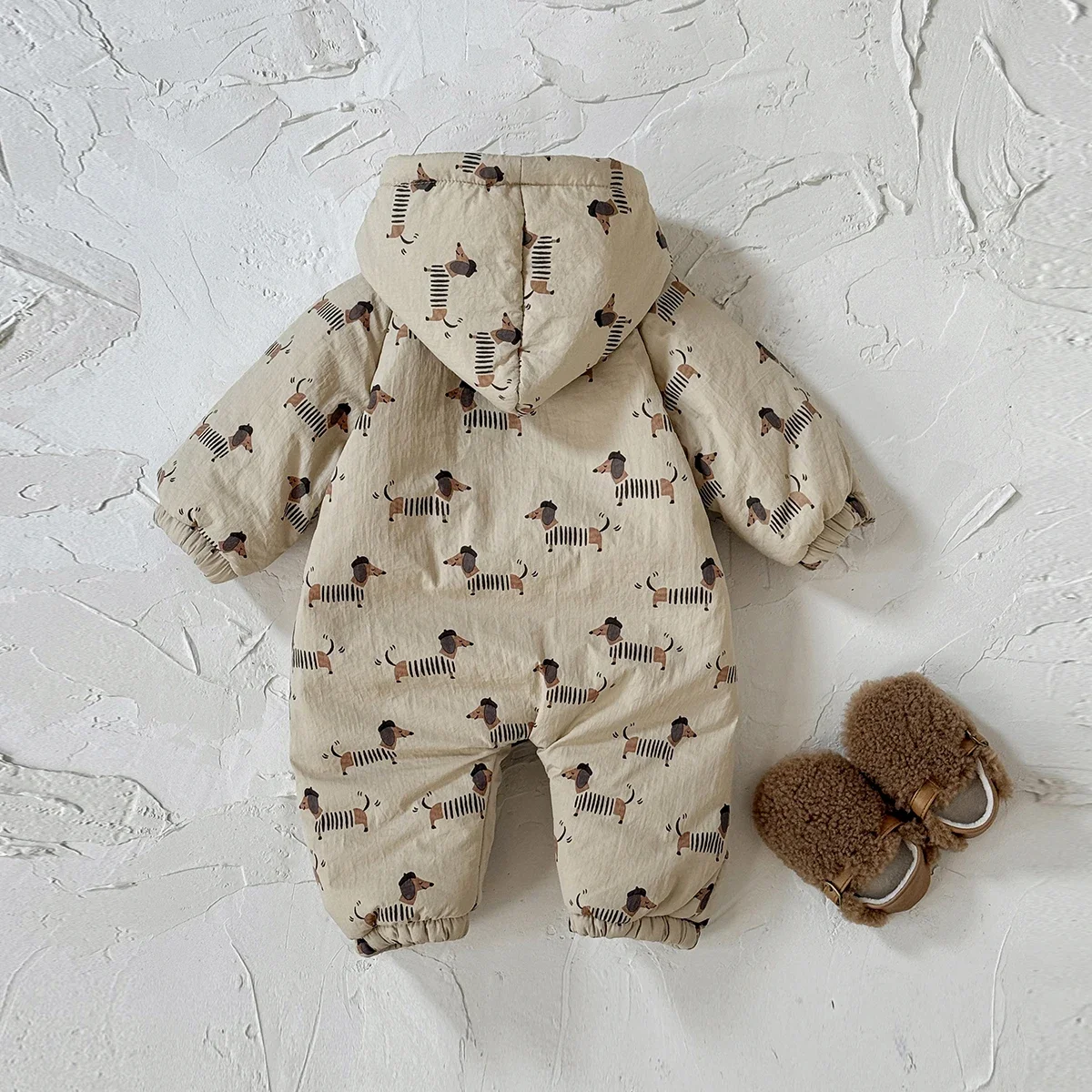 Cute Cartoon Dog Baby Romper Winter Warm Hooded Zipper Jumpsuit Soft Infant Bodysuit for Newborn Toddler
