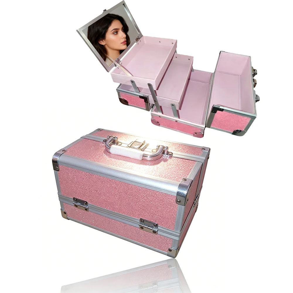 

Портативный чехол для макияжа, чехол из алюминиевого сплава, ящик для инструментов для педикюра с ручкой, большая вместительная косметическая коробка-органайзер с зеркалом
