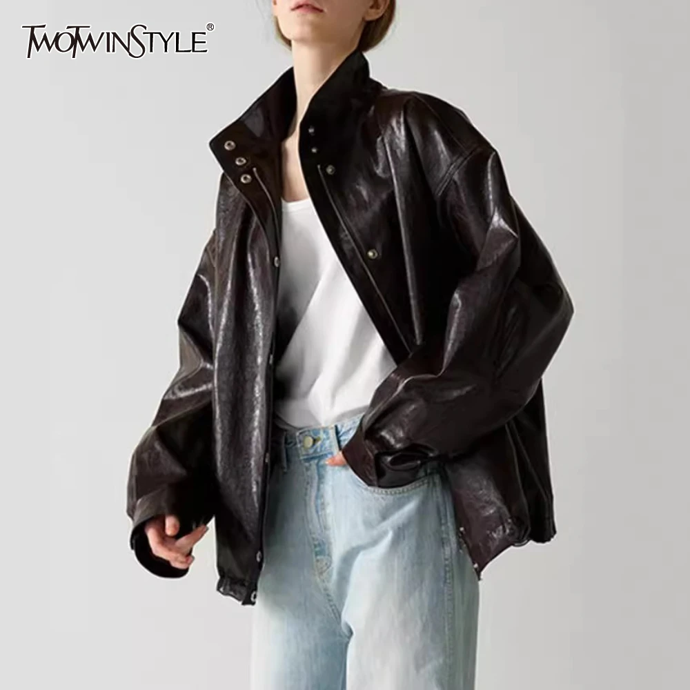 

TWOTWINSTYLE Solid Spliced Pocket Chic Jacket Female Stand Neck Long Sleeve Retro Women's Jackets Autumn Fashion New Clothing