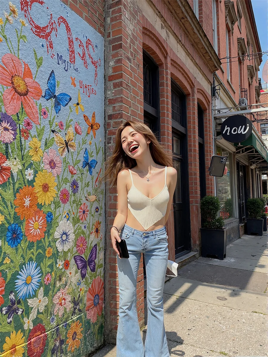 جينز نسائي منخفض الارتفاع متوهج أزرق متدرج اللون من قماش الدنيم أنثى عتيقة طراز Y2K بنطلون فضفاض غير رسمي ملابس الشارع الكورية