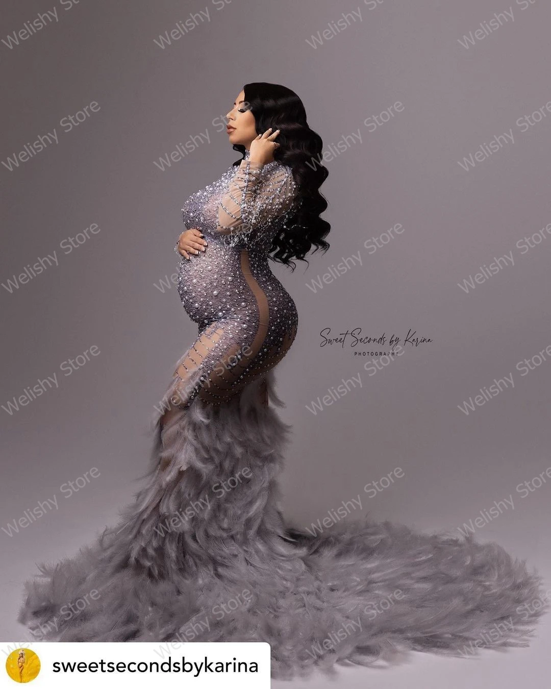 Glitter Beaded Maternity Gowns For Photo Shoot Sexy Crystal Diamond Mermaid Long Pregnant Dresses Women Feathers Mermaid Gown