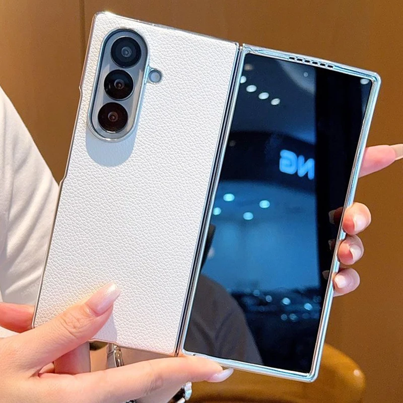 Solid Color Lychee Texture Phone Case For Samsung Galaxy Z Fold 7 6 5 Fold7 Fold6 Fold5 5G Electroplating Hard Protective Cover
