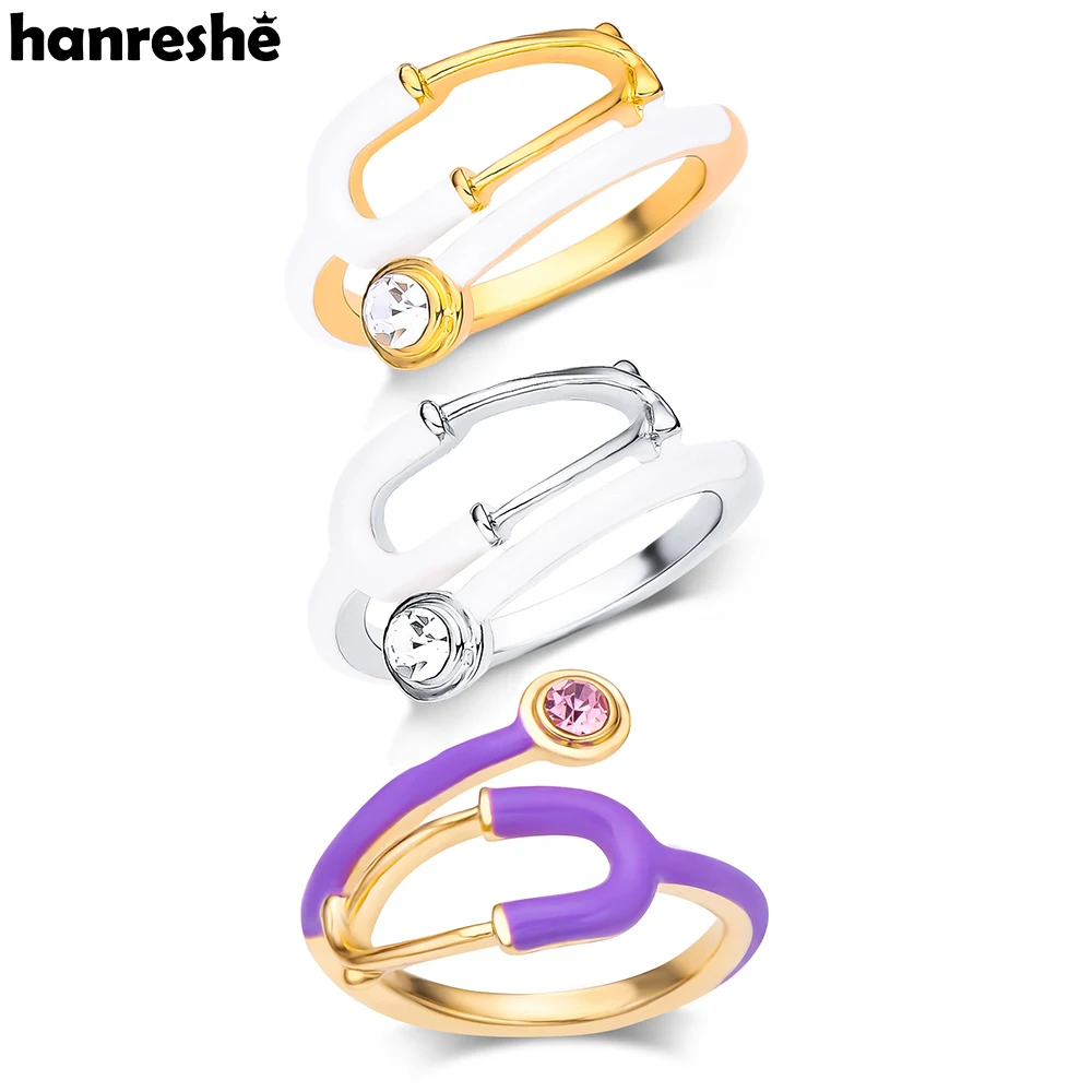 Hanreshe Medical Enamel Stethoscope Ring with Crystal Luxury Medicine Jewelry for Doctor Nurse Rings Size 7-9