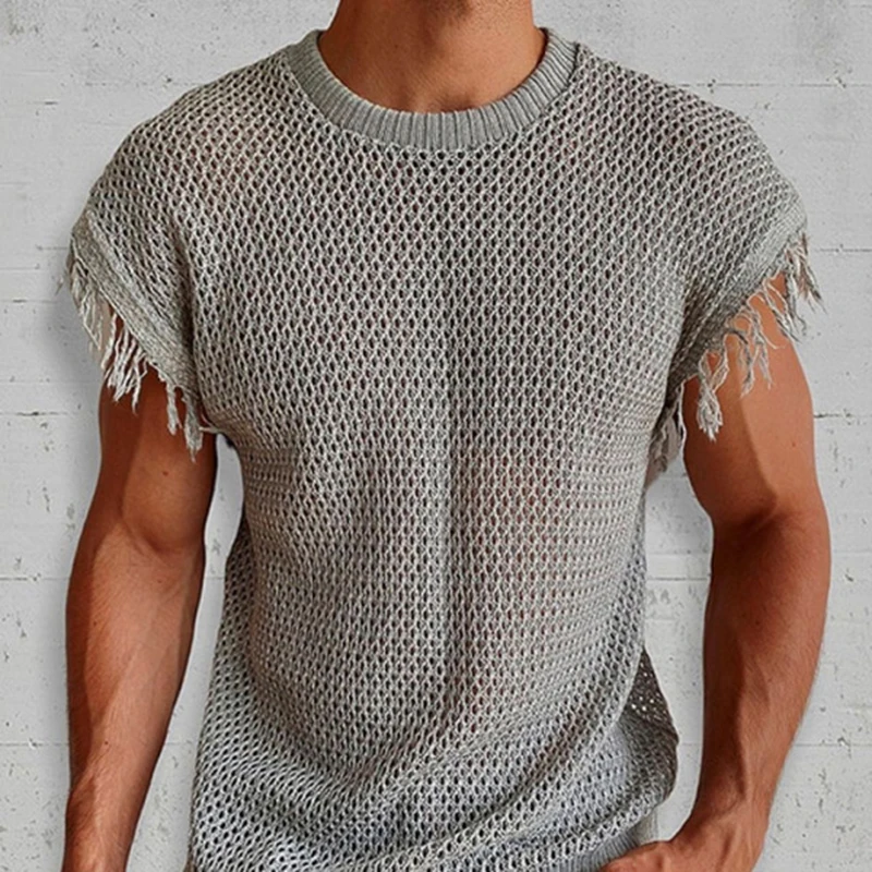 Streetwear Mens Mesh Knit T Shirt Fashion Hollow Out Ripped Design T-shirts Summer Vintage Short Sleeve O Neck Tees Men Clothes