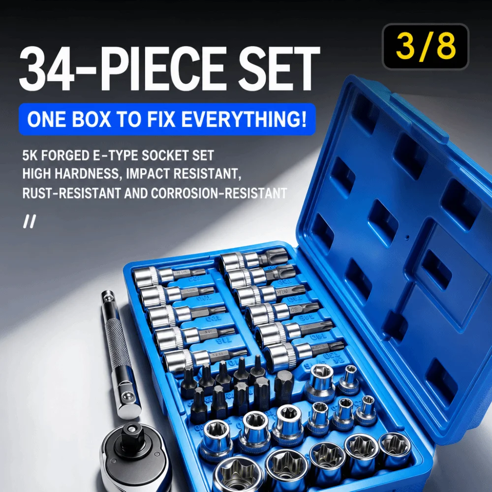 34PCS/BOX Versatile Galvanized Socket Set 3/8 E Shape Anti Drop Clamp Drive Sleeve Gear Hard Alloy Flower Bit Kit Pipe Install