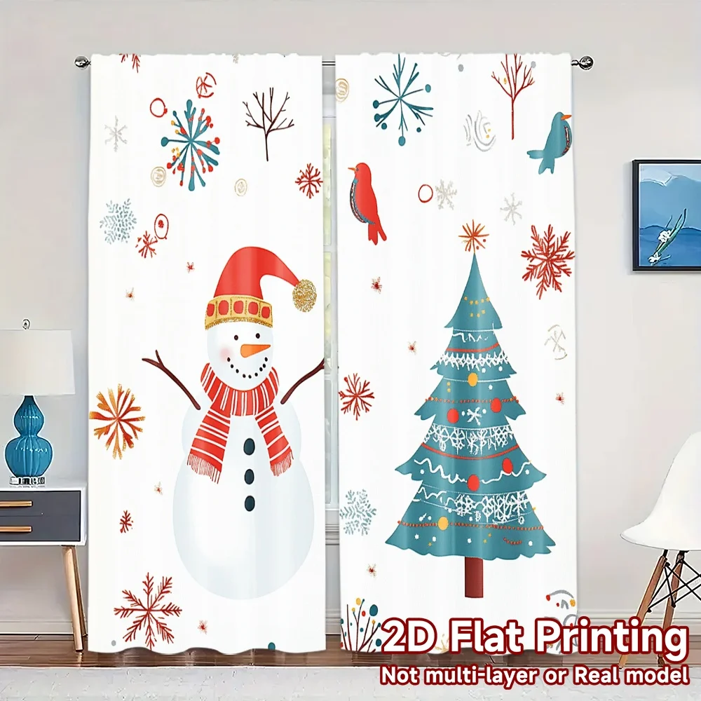 2pcs,Curtains Cute Snowman Christmas Tree_h (3) Chic Light Filtering Curtains 100% Polyester Curtains Festive Use for Bedroom,