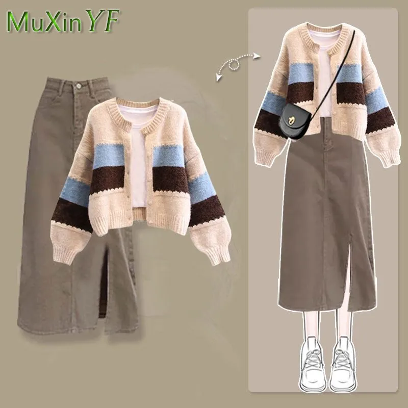 Women Autumn Winter New Elegant Knit Cardigan Coat+high Waist Midi Skirt Two-piece Set Korean Retro Sweater Dress Matching Suit