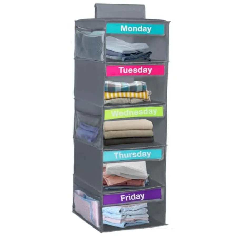 

Weekly Clothes Organizer for,Days of The Week Clothes Organizer with 6 Side Pockets, 5-Shelf Hanging Closet Organizer with Mond