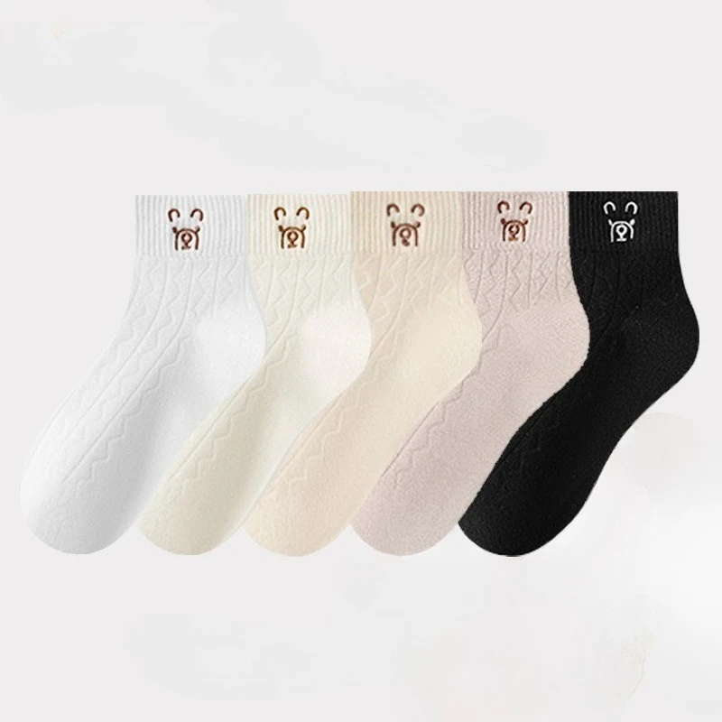 5 pares de meias de ursinho de pelúcia para mulheres primavera verão novo estilo respirável cor sólida dos desenhos animados bonito simples meias casuais