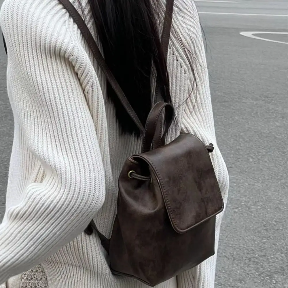 

PU Leather Drawstring Flap Backpack Korean Style Solid Color School Book Back Fashion Large Capacity Women Shoulder Bag Gift