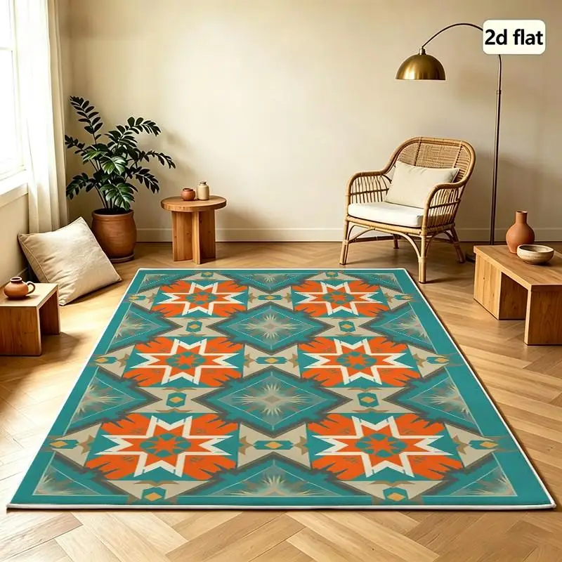 Carpet Flooring Teal Orange Native Geometric Square Area Rug Southwest Ethnic Star Pattern Floor Carpet Decor