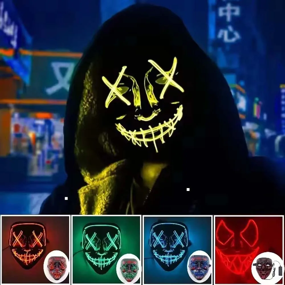 Wireless Neon LED Purge Mask Glow in The Dark Cosplay Horror Mask Halloween Masquerade Party Masks Glowing Funny Dress Up