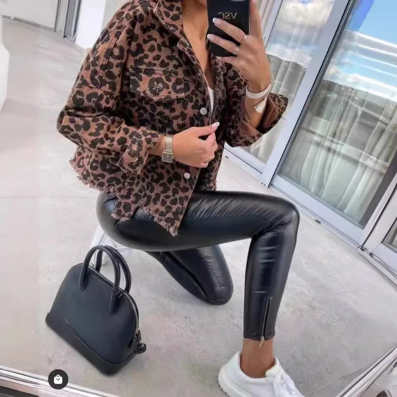 2024 Spring And Autumn Denim Coat Leopard Print Long Sleeve Short Loose Casual Coat For Women