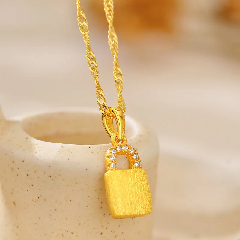 Luxury 24K 9999 Pure Gold real gold Dot Drill Safe Lock Pendant Women's Clavicle Chain