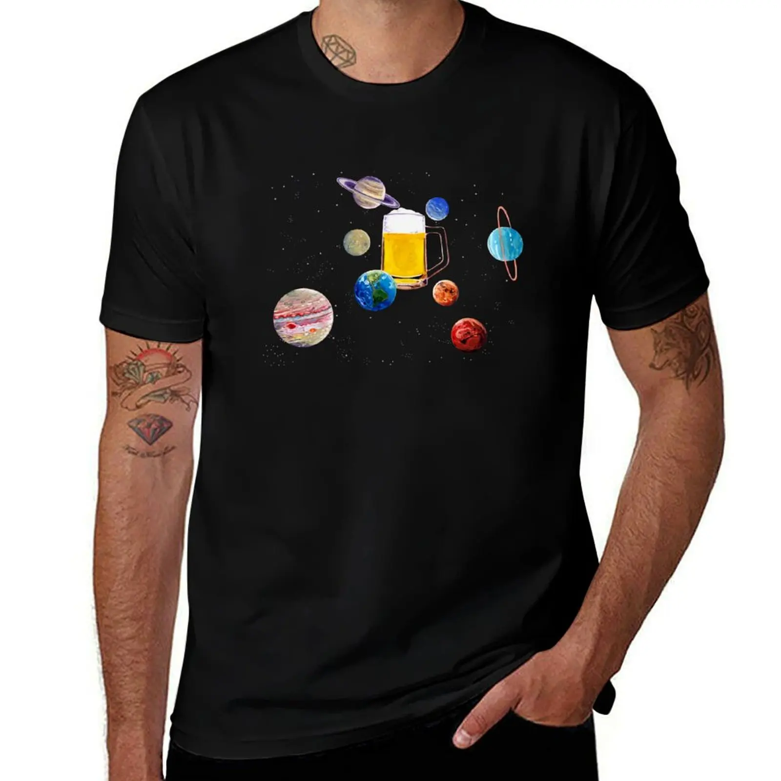 Beer in the Center of Solar System, Funny Space Poster, Planets Orbiting Beer, Birthday Gift for Him, Art for Men, Bar D T-Shirt