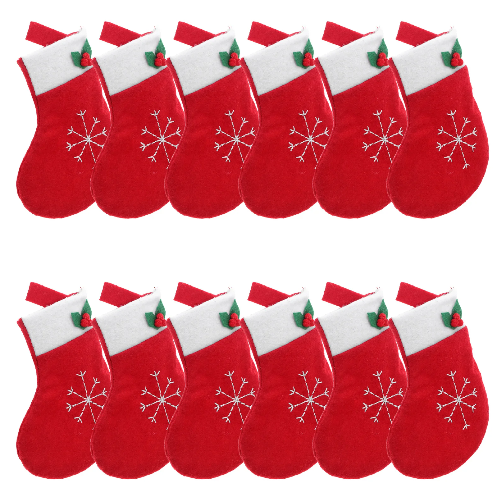 

12Pcs Christmas Utensil Holders Stocking Style Silverware Pockets Embroidered Snowflake Decor Red Ribbon Hanging Loop Holiday