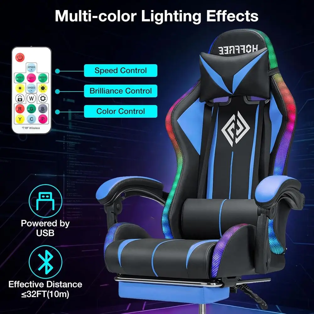 LED Gaming Chair with Massage RGB Lights Computer Game Chair-Blue | Ergonomic Reclining Gamer Chair with ootrest High Back Video view 5