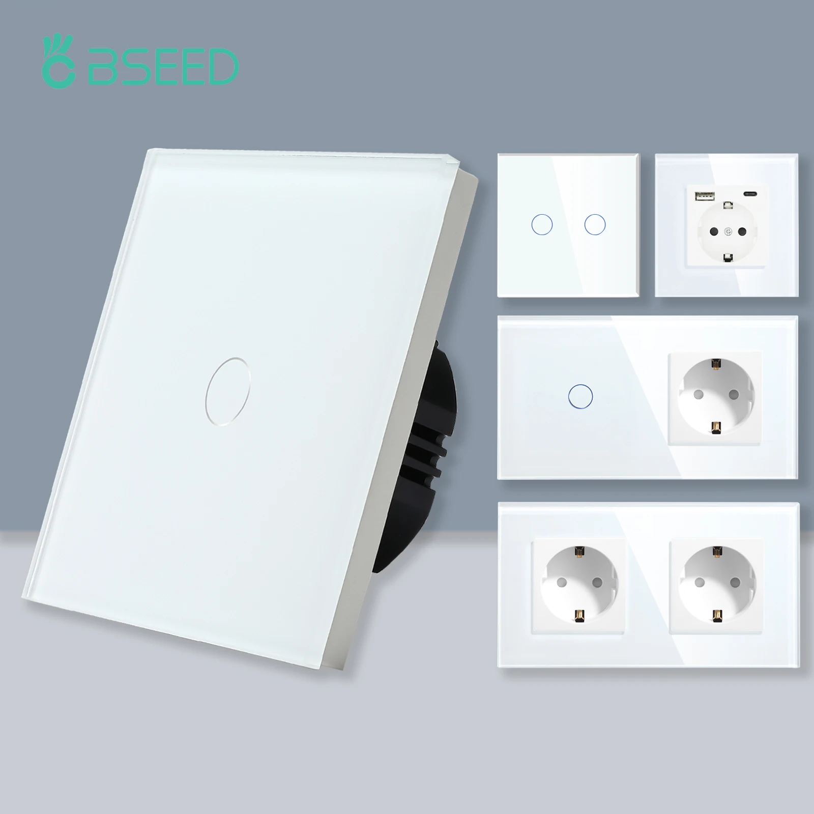 BSEED 1/2/3Gang dotykowy włącznik światła 1Way prosty przełącznik czujnikowy typu c gniazda USB standard UE szklany Panel niebieskie podświetlenie 10A biały