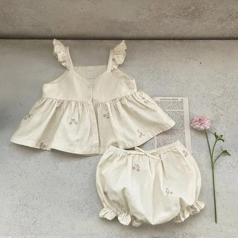 

Baby Girl Outfit Set Summer Ruffle Strap Floral Embroidery Camisole Top Bloomer Pants Infant Cotton Linen Clothes