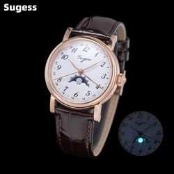 Sugess Men Watches Tianjin ST2108 Automatic Movement Wristwatch Date Hands Sapphire Crystal Luxury Waterproof Luminous Moonphase