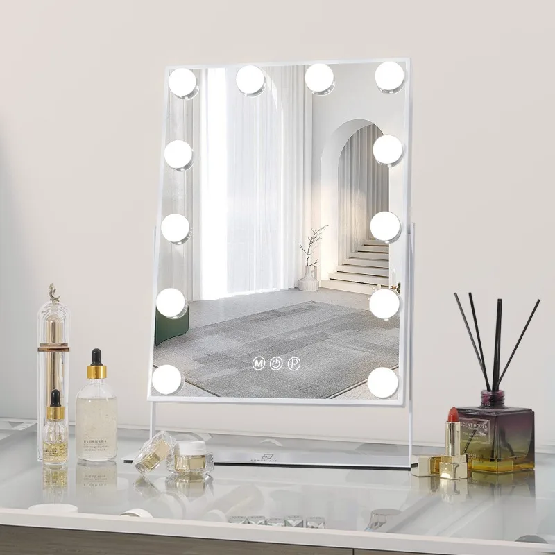 Hollywood Vanity Makeup Mirror With 12 LED Bulbs Perfect Size 11.81''×16.14'' White 360 Degree Rotation Smart Control 3