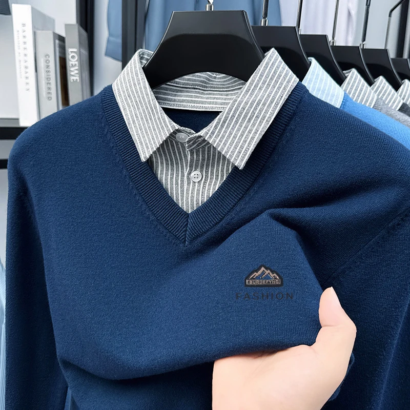 Maglione stampato in due pezzi finto da uomo Camicia base con colletto stile primavera e autunno 2025 Nuovo maglione lavorato a maglia in lana di pecora