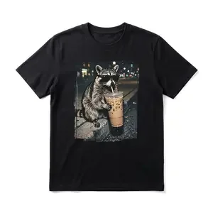 1PC， Coffee Raccoon Men's Graphic TShirt， 100% Cotton Short Sleeve Soft Top， Funny Streetwear Graphic Print Design， for Daily Wear， Weekend， Casual Gift， Gift for Men， Women and Friends
