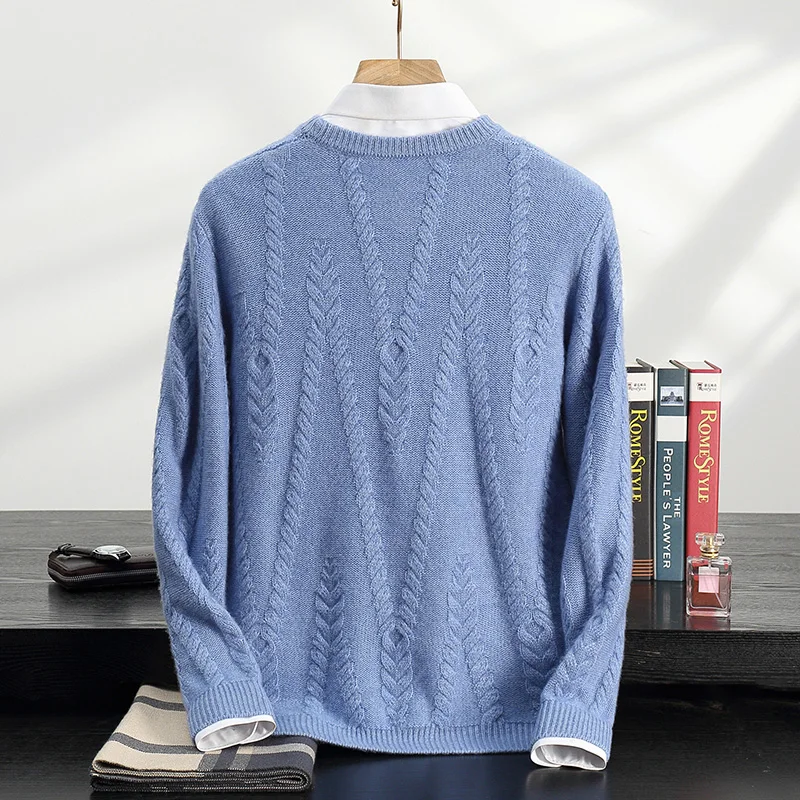 New Best Selling Cashmere Sweater Men's Thick Round Neck Big Twist Long Sleeve Sweater Jacquard Leisure Cashmere Sweater Top