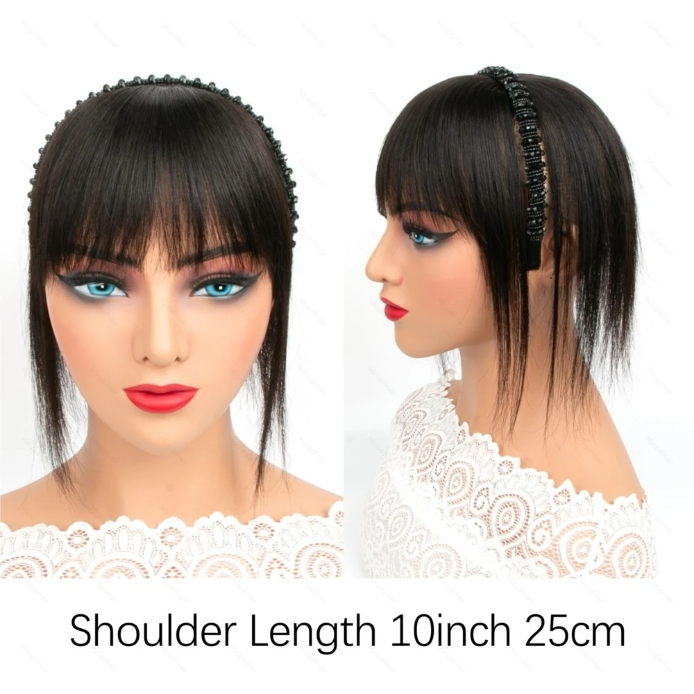 インスタント人毛ヘッドバンド前髪ウィッグ一体型本物の髪の毛トップカバー額と後頭部の白髪をカバー黒茶色