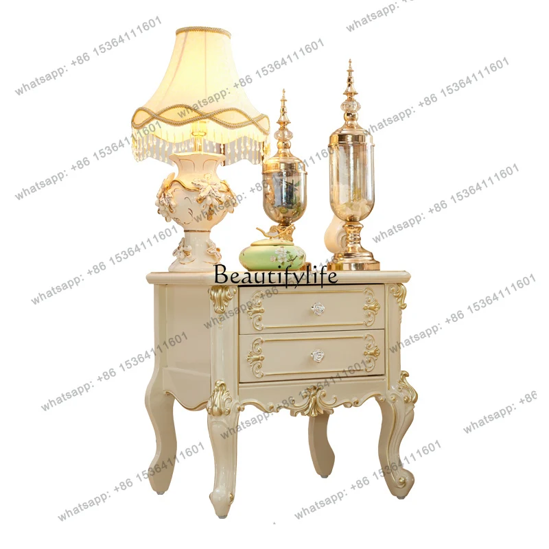13European-Style Solid Wood Bedside Cabinet Ivory White Storage Cabinet with Drawer