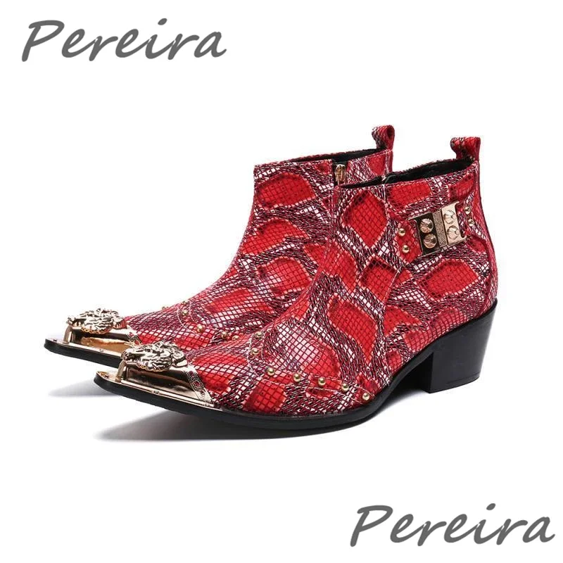 

Mesh Snake Patterned Short Boots for Men Metal Decor Pointed Toe High Heel Chelsea Boots Patchwork Genuine Leather Dress Shoes